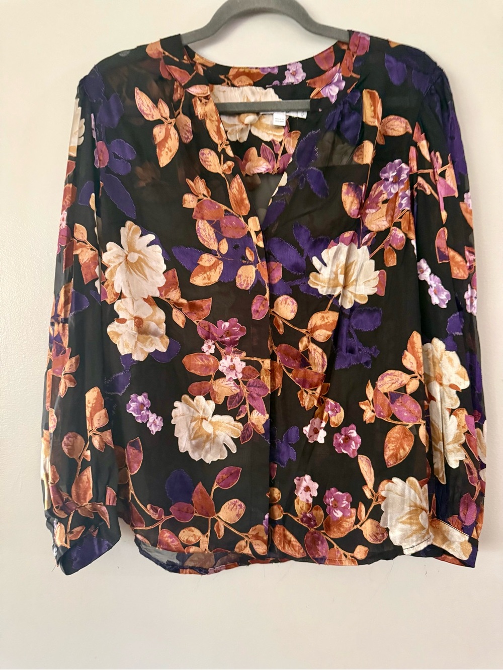 Chico's Black Floral Burnout Blouse Sheer Velvet Texture Long Sleeve V-Neck Top - Picture 2 of 6